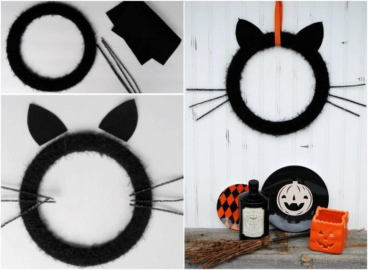 Kinderfreundlicher Halloween Kranz schwarze Katze DIY
