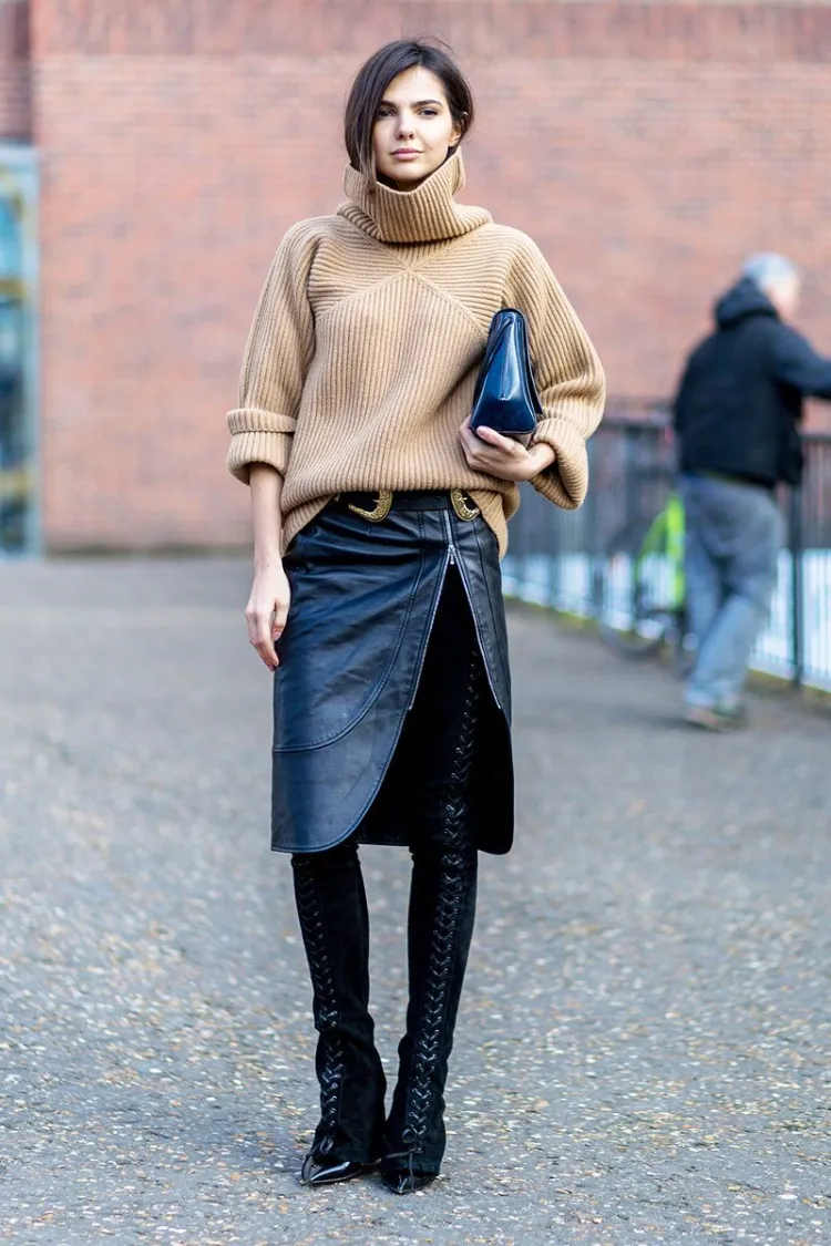 Outfit with leather skirt Combine fall skirt with sweater