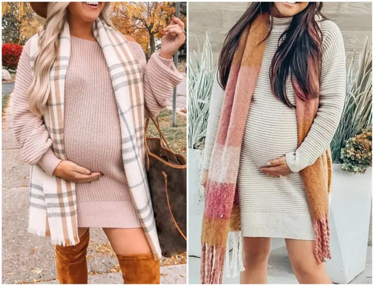 Pulloverkleid mit Schal perfekt für Schwangerschaft im Herbst und Winter