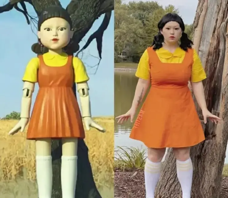 Squid Game Kostüm - Roboter Mädchen aus dem Spiel 'Rotes Licht, grünes Licht' mit Kleid