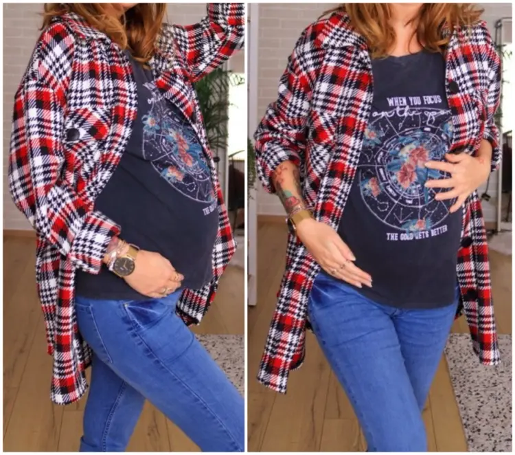 Schwangerschaft Outfit mit Jeans, T-Shirt und Hemd