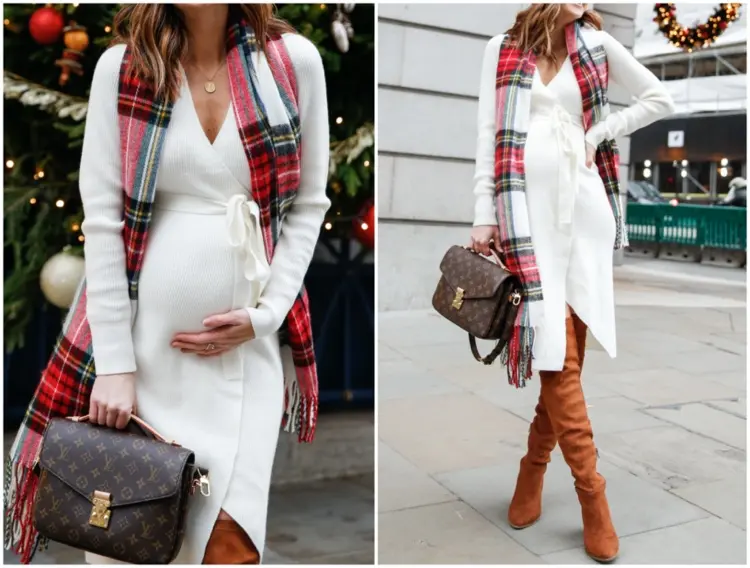 Schwangerschaft Outfit mit Wickelkleid und Schal zu Weihnachten