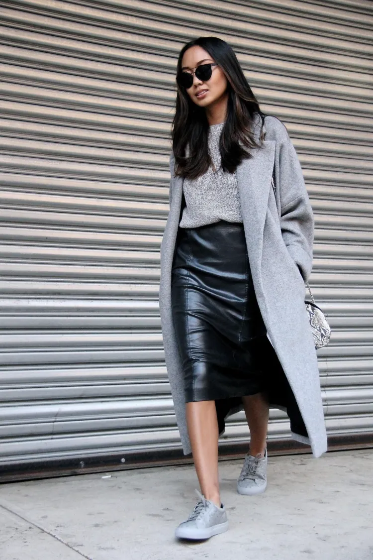 Wear a Black Leather Skirt With a Fall Skirt Sweater Set