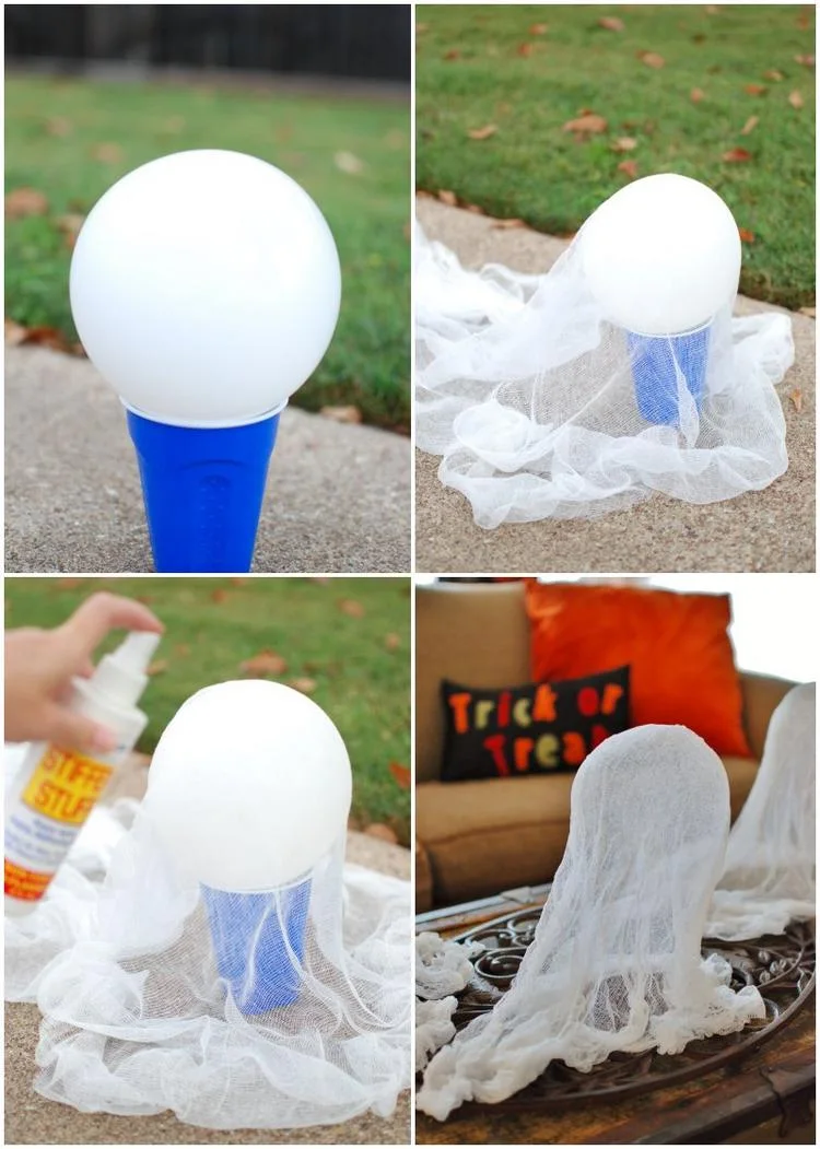 So machen Sie Gespenster aus Käsetuch und Luftballon selber Anleitung