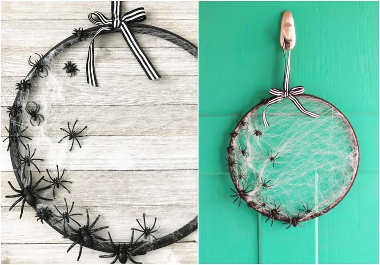 Super einfache Bastelidee für Halloween Spinnweben Kranz mit Plastikspinnen