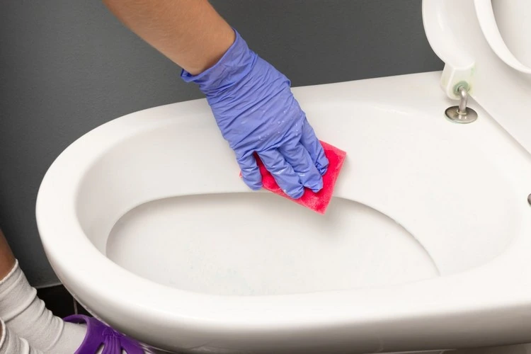 Toilette putzen unter Rand Ablagerungen und Kalkstein entfernen