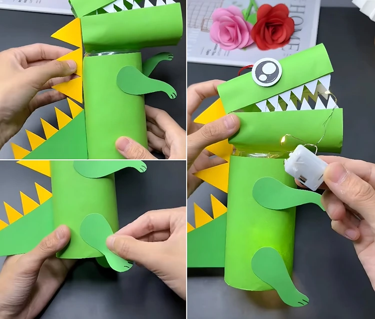 Arme, Beine, Zähne und Zacken aus Papier ausschneiden und an die Flaschen kleben