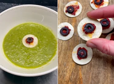 Aus Tacos, Tomatenmark und Oliven Augen gestalten