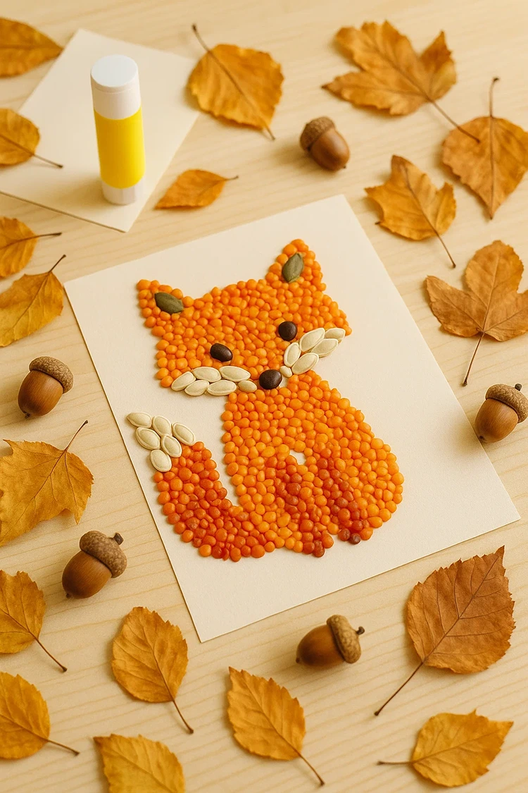 basteln mit linsen herbstbild im kindergarten fuchs