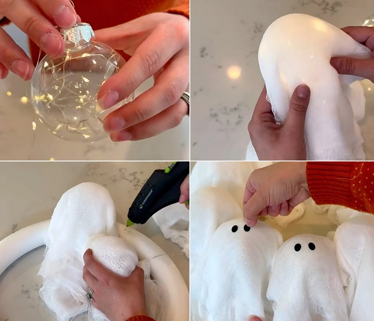 Christbaumkugeln mit Lichterkette füllen, mit Tuch bedecken und auf Styroporkranz kleben