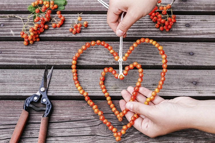 Doppeltes Herz aus Hagebutten als Anhänger für die Herbstdeko