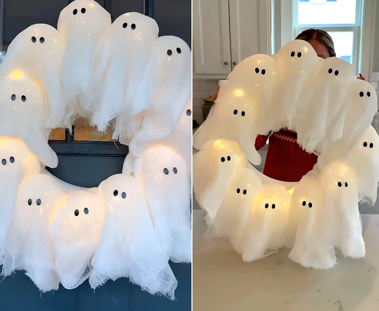 Ein Türkranz aus niedlichen, leuchtenden Gespenstern