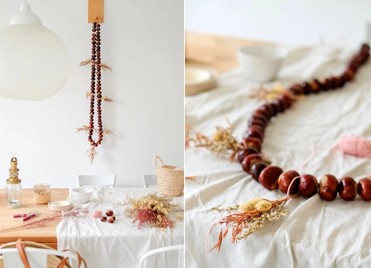 Girlande als Herbstdeko basteln mit Kastanien und Trockenblumen