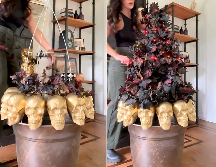 Girlande aus künstlichen Herbstblättern und rote Lichterkette um die Rankhilfe wickeln