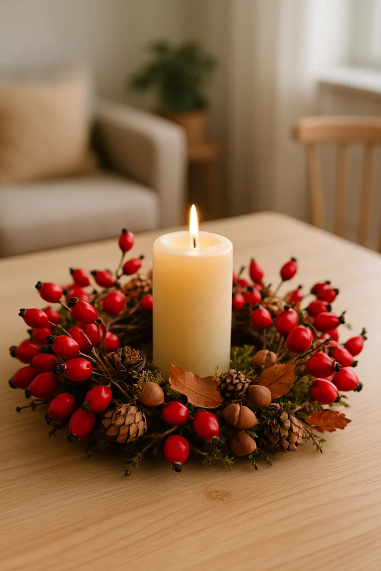 hagebuttenkranz als kerzenhalter herbstliche tischdeko