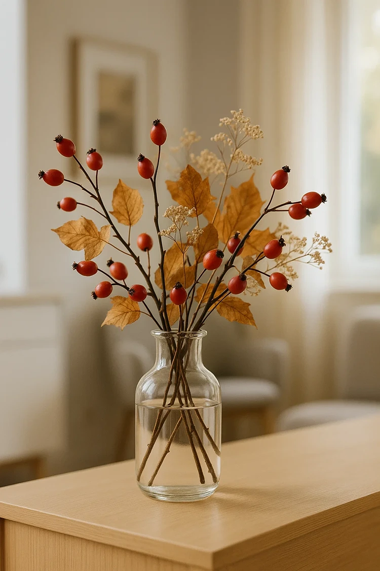 hagebuttenzweige in wasser stellen herbstliche glasvase