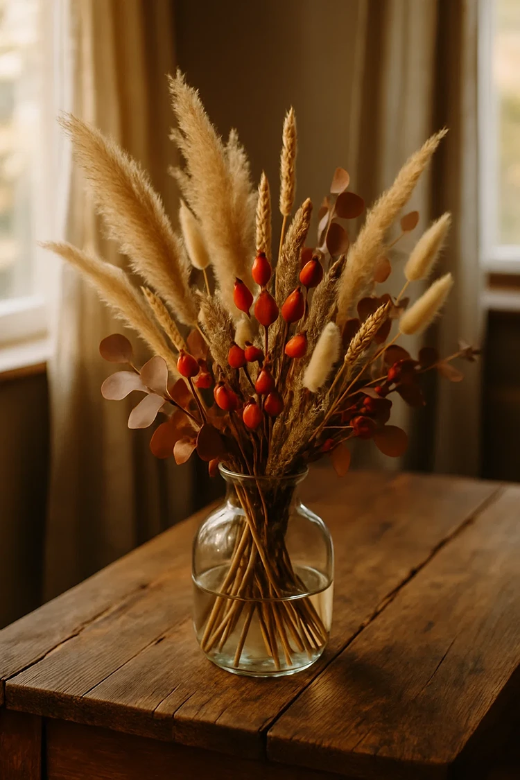 hagebuttenzweige und trockenblumen in glasvase