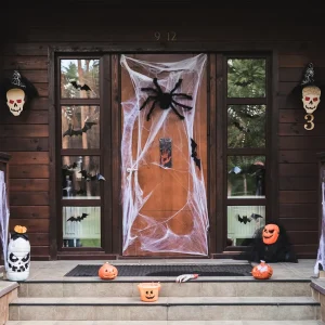 Halloween Türdeko mit Spinnennetz und großer Spinne