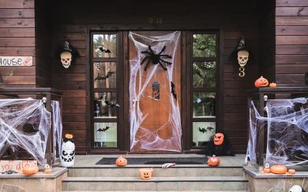 Halloween Türdeko mit Spinnennetz und großer Spinne