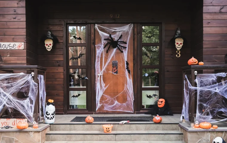 Halloween Türdeko mit Spinnennetz und großer Spinne