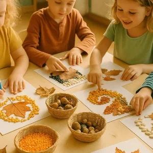 herbstbilder für kinder mosaik basteln mit hülsenfrüchten samen
