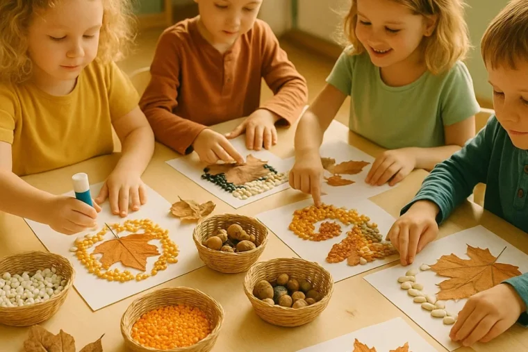 herbstbilder für kinder mosaik basteln mit hülsenfrüchten samen