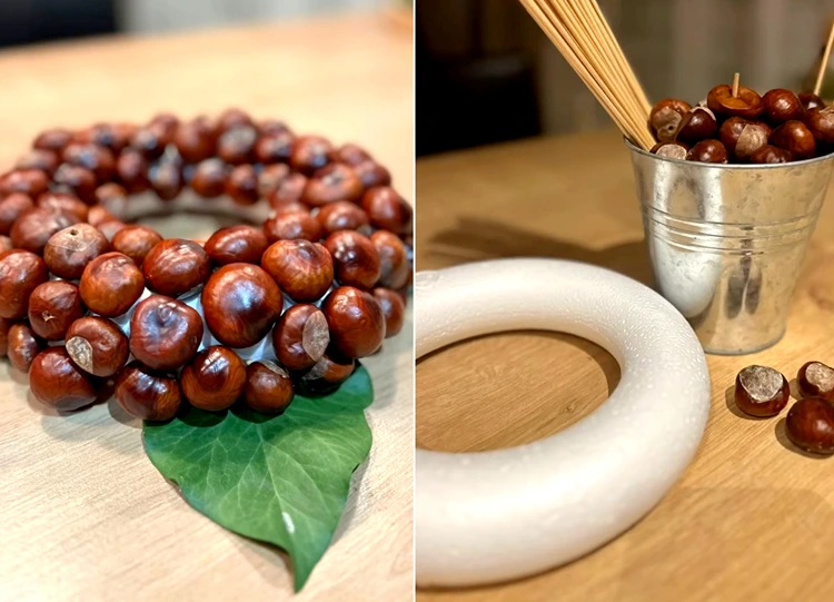 Kastanien auf einen Styroporkranz stecken