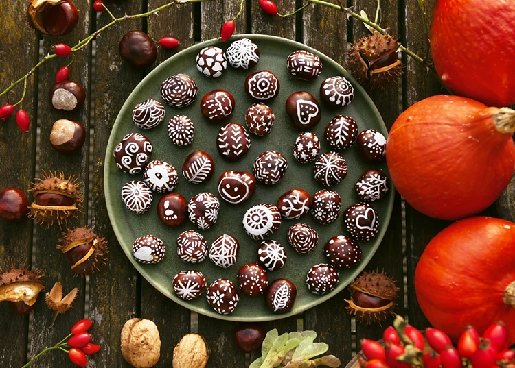 Kastanien bemalen mit Kreidemarkern und schönen Mustern