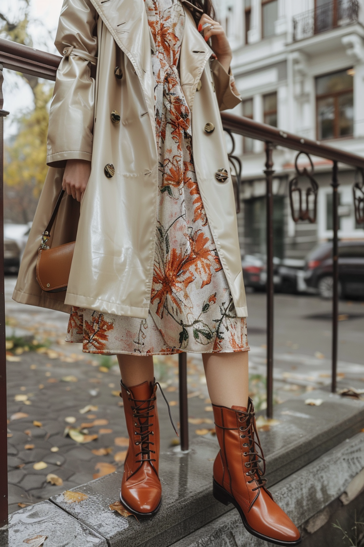 kombination von derby schuhen für damen – herbstoutfit mit mantel und kleid