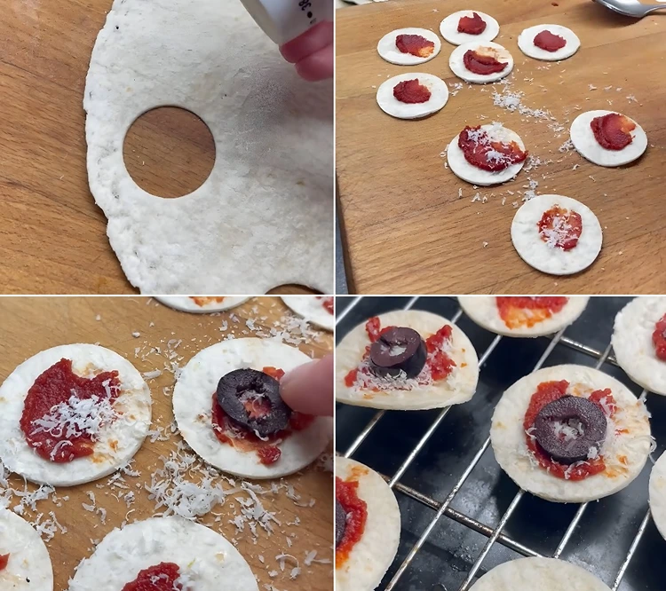 Kreise aus Taco ausstechen, mit Tomatenmark bestreichen, Oliven verteilen und backen