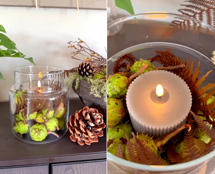 LED-Kerze in ein großes Glas stellen und Kastanien mit Schale verteilen