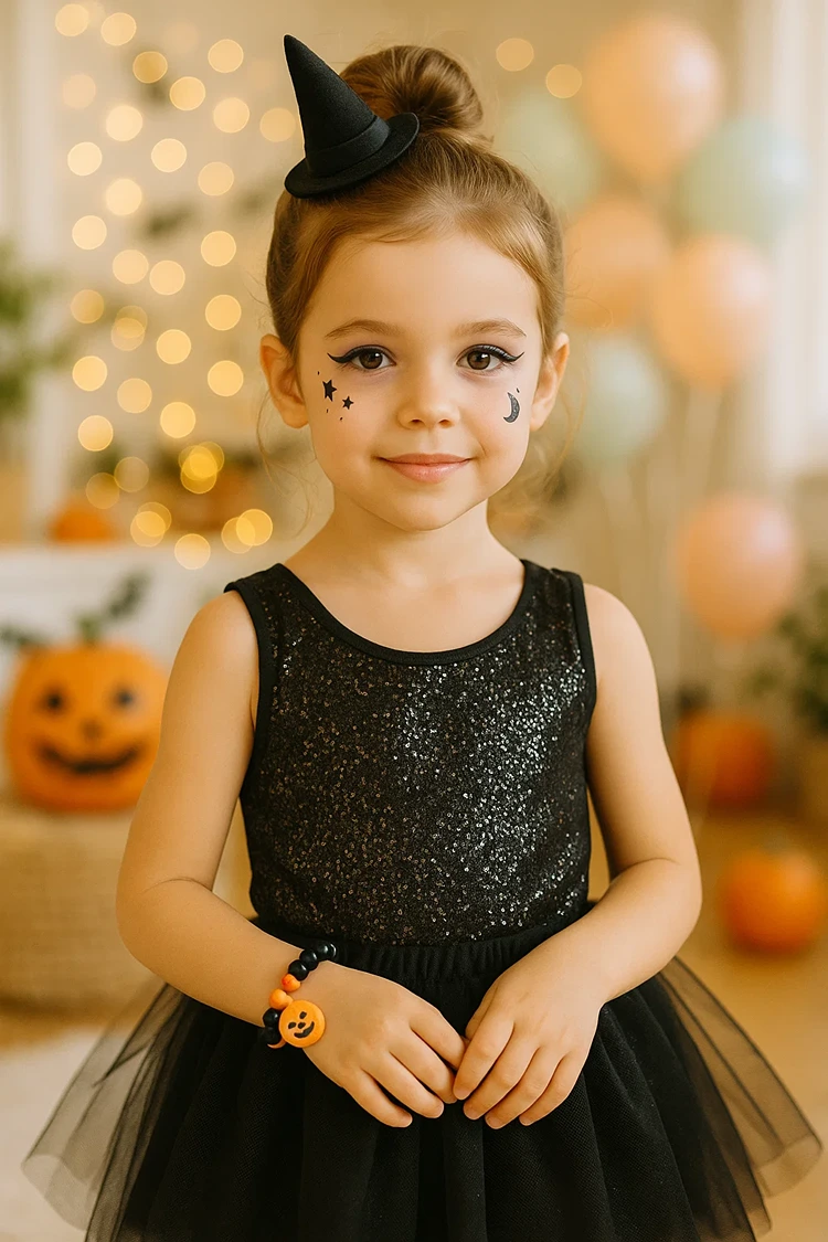 mädchen mit hexe make und und kleid in schwarz für halloween