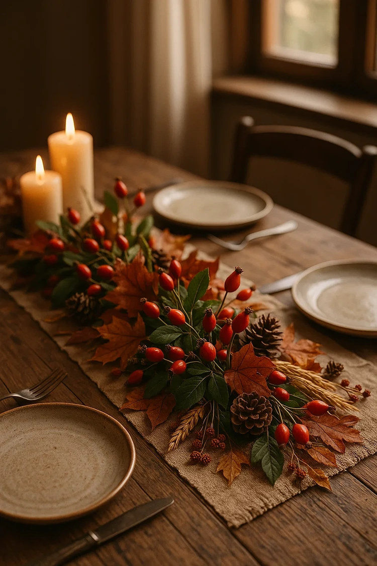 natürliche tischläufer mit hagebutten für den herbst