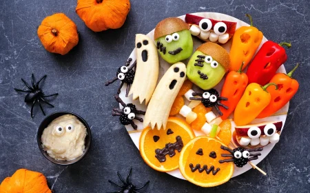Obst und Gemüse zu Halloween kreativ schnitzen und schneiden als Monster, Geister und Spinnen