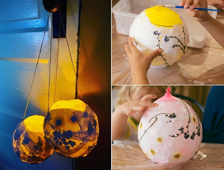 Pappmaché Laterne selber machen mit gepressten Blüten