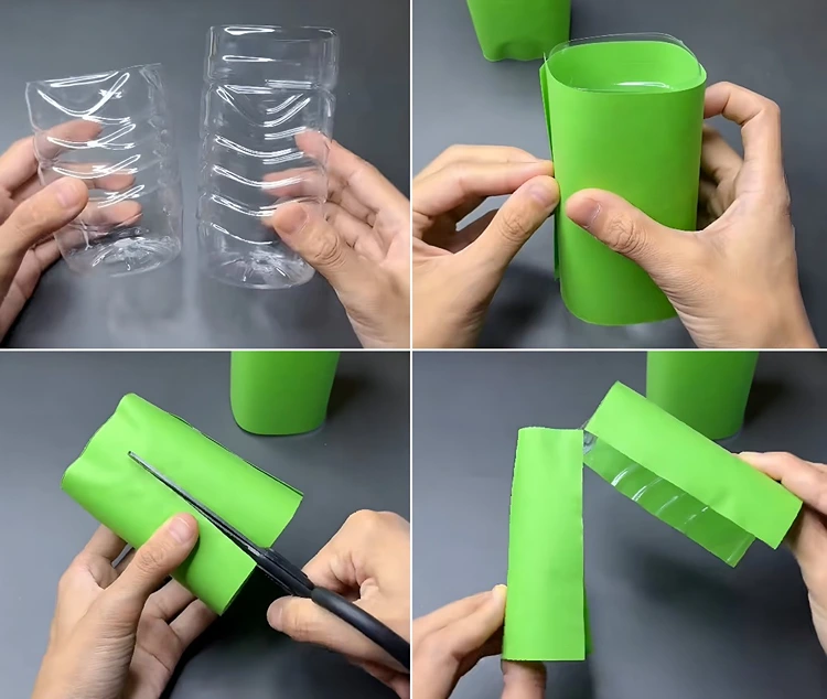 PET-Flaschen mit Papier umwickeln und den Kopf aufschneiden