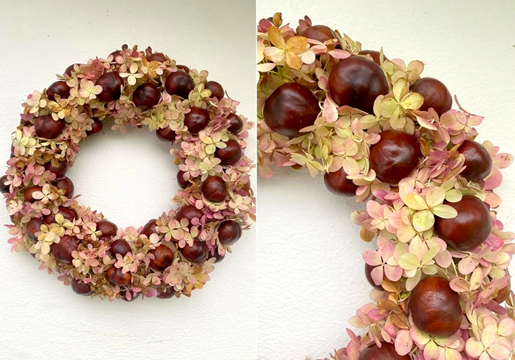 Romantischer Herbstkranz mit Kastanien und Hortensien