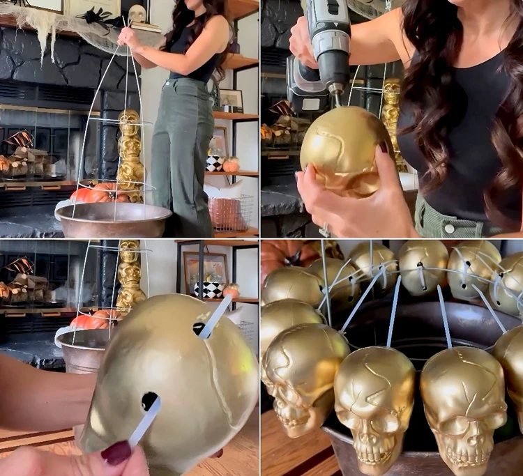 Totenköpfe bohren und mit Kabelbindern am Rankturm befestigen