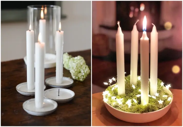 Adventskranz in Schale - Kerzen mit Nägeln befestigen