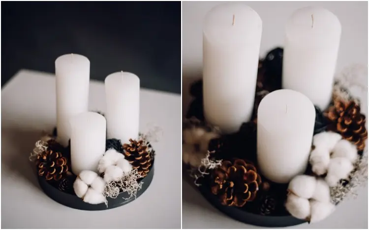 Boho Weihnachtsdeko mit puristischem Adventskranz mit Baumwolle und Tannenzapfen