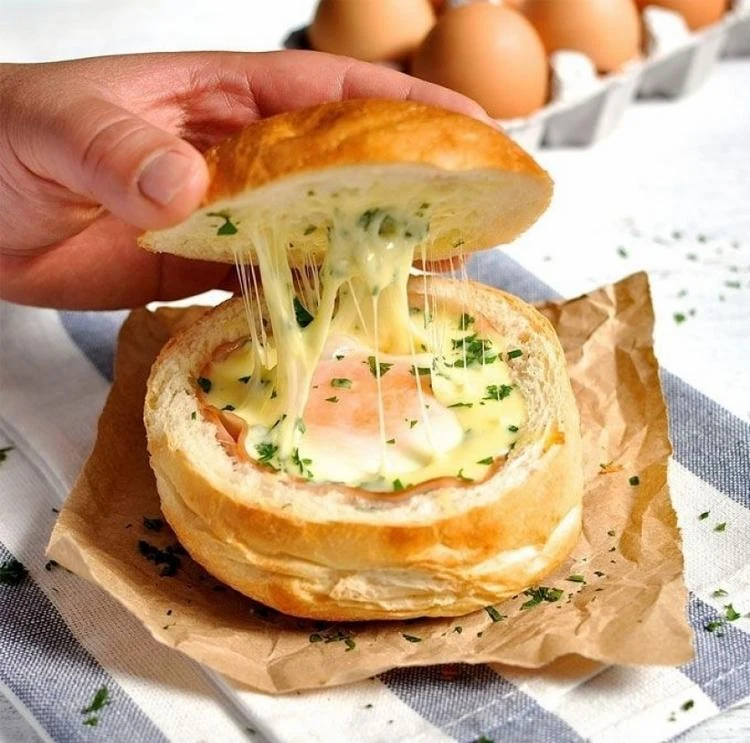 Use another burger bun filled with eggs, ham and cheese