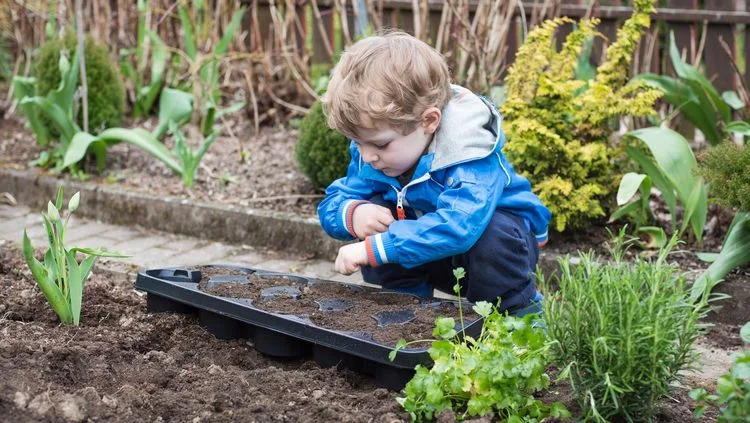 Kind hilft mit der Gartenarbeit im November