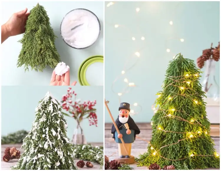 Mini Weihnachtsbaum selber machen aus Zypressenzweigen mit Kunstschnee aus Seife bestreuen