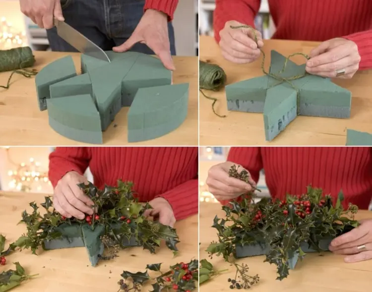 Mit Steckschaum und Stechpalmenzweigen einen Weihnachtsstern selber machen