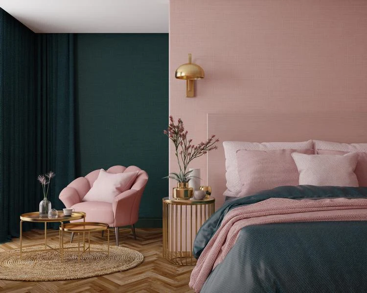 Schlafzimmer Art Deco Stil Rosa Grün Gold Holz