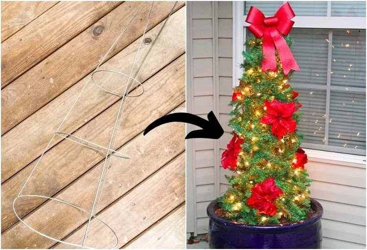 Weihnachtsdeko basteln aus Tomaten-Rankhilfe Idee für Weihnachtsbaum im Kübel