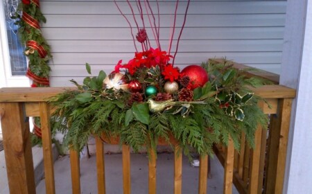 Weihnachtsdeko im Blumenkasten am Geländer der Veranda mit roten Akzenten