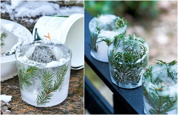 Winterdeko für den Garten mit selbstgemachten Eislaternen mit Tannengrün