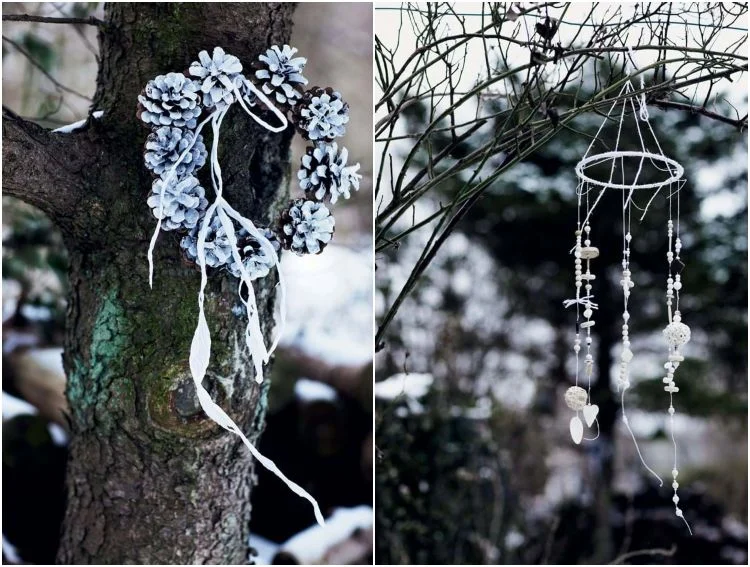 Winterdeko für den Garten selber machen Kranz oder Windspiel am Baum aufhängen