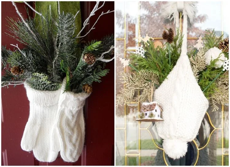 Winterdeko für die Haustür mit Strick Handschuhe und Mütze bepflanzen